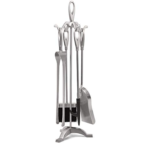 Amagabeli 5 pièces Set Serviteur de Cheminee Ensemble d'outils de Cheminée argenté manipuler outils de cheminee Pelle Pinces et Poker Ensemble d'outils