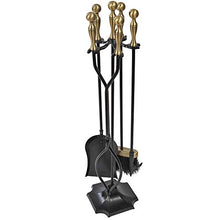 Load image into Gallery viewer, Amagabeli 5 Pieces Fireplace Tools Sets Brass Handles Wrought Iron Set and Holder Indoor Outdoor Fireset Fire Pit Stand Rustic Tongs Shovel Brush Chimney Poker Wood Stove Hearth Accessories Kit Large
