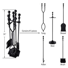 Load image into Gallery viewer, Amagabeli 5 Pcs Fireplace Tools Sets Black Handle Wrought Iron Large Fire Tool Set and Holder Outdoor Fireset Fire Pit Stand Indoor Rustic Tongs Shovel Antique Brush Chimney Poker Wood Accessories Kit
