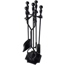 Load image into Gallery viewer, Amagabeli 5 Pcs Fireplace Tools Sets Black Handle Wrought Iron Large Fire Tool Set and Holder Outdoor Fireset Fire Pit Stand Indoor Rustic Tongs Shovel Antique Brush Chimney Poker Wood Accessories Kit
