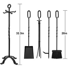 Load image into Gallery viewer, Amagabeli 5 Pieces Fireplace Tools Set Indoor Wrought Iron Fire Set Fire Place Pit Large Poker Wood Stove Log Firewood Tongs Holder Tools Kit Sets with Handles Modern Black Outdoor Accessories Kit
