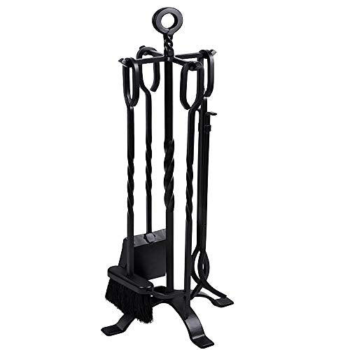 Amagabeli 5 Pieces Fireplace Tools Set Indoor Wrought Iron Fire Set Fire Place Pit Large Poker Wood Stove Log Firewood Tongs Holder Tools Kit Sets with Handles Modern Black Outdoor Accessories Kit