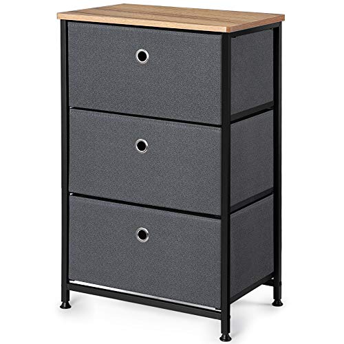 Camabel 71cm Tables de Chevet Commode pour Chambre avec 3 tiroirs Tissu Non-tissé avec Cadre en Acier Robuste et Plateau en Bois antirouille pour Salon/Chambre à Coucher Gris