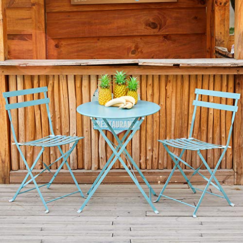 Amagabeli，Ensemble Bistro de 1 Table（H90 x D75cm） et 2 Chaises(H83 x W42 x D38cm)，Salon de Jardin Pliable en Métal， Costume Parfait pour Balcon Terasse et Jardin Imperméable，Bleu Clair