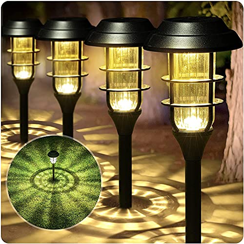 BEAU JARDIN 4 Lumières Solaires Éclairage de Jardin Voie Verre Extérieur Acier Inoxydable Étanche Auto Marche/Arrêt Blanc Lumineux Éclairage de Paysage alimenté par le Soleil sans Fil avec Spike