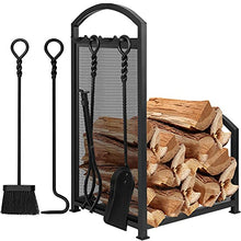 Load image into Gallery viewer, Amagabeli 30.7in Tall Firewood Rack with 4 Fireplace Tools Indoor Outdoor Firewood Holders Wood Holder Rack Lumber Storage Stacking Heavy Duty Wrought Iron Log Bin Holder Large Tool Set Accessories
