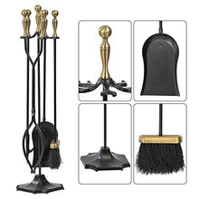 Load image into Gallery viewer, Amagabeli 5 Pieces Fireplace Tools Sets Brass Handles Wrought Iron Set and Holder Indoor Outdoor Fireset Fire Pit Stand Rustic Tongs Shovel Brush Chimney Poker Wood Stove Hearth Accessories Kit Large
