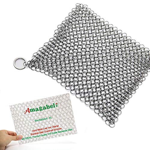 Amagabeli Nettoyeur en Fonte Grattoir Récureur en Cotte de Mailles en Acier Inoxydable pour Poêles Casseroles en Brosse à Barbecue pour Batterie de Cuisine Evier Poêle et Grill à Récurer 20 x 15,2 cm