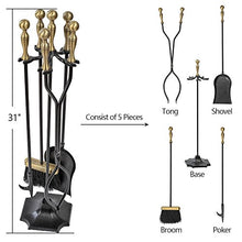 Load image into Gallery viewer, Amagabeli 5 Pieces Fireplace Tools Sets Brass Handles Wrought Iron Set and Holder Indoor Outdoor Fireset Fire Pit Stand Rustic Tongs Shovel Brush Chimney Poker Wood Stove Hearth Accessories Kit Large
