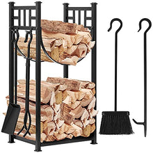 Load image into Gallery viewer, Amagabeli 31.6in Large Firewood Rack Fireplace Rack Indoor Bin Log Holder with Fireplace Tool Rack Tall Wood Log Rack Fireside Outdoor Lumber Storage Stacking with Wrought Iron Tools Black
