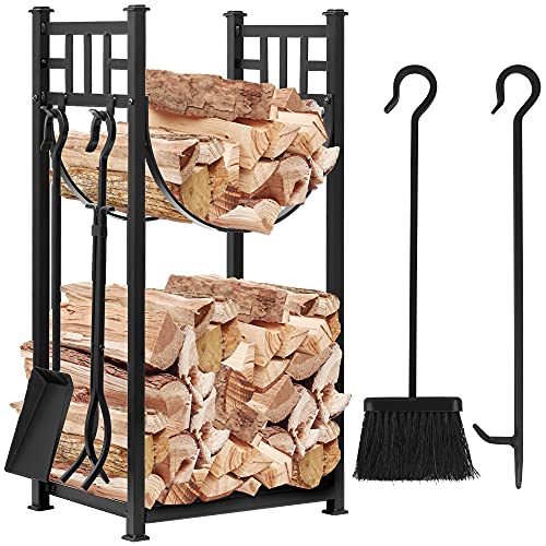 Amagabeli 31.6in Large Firewood Rack Fireplace Rack Indoor Bin Log Holder with Fireplace Tool Rack Tall Wood Log Rack Fireside Outdoor Lumber Storage Stacking with Wrought Iron Tools Black