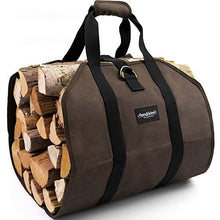 Load image into Gallery viewer, Amagabeli Firewood Carrier Bag Canvas Waxed Large Firewood Log Tote Carrying Indoor Bag Firewood Storage Tote Fire Place Log Holders Outdoor Fire Wood Carrier with Handles Heavy Duty Wood Dark Brown
