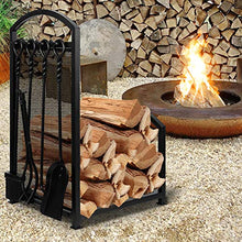 Load image into Gallery viewer, Amagabeli 30.7in Tall Firewood Rack with 4 Fireplace Tools Indoor Outdoor Firewood Holders Wood Holder Rack Lumber Storage Stacking Heavy Duty Wrought Iron Log Bin Holder Large Tool Set Accessories
