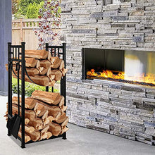 Load image into Gallery viewer, Amagabeli 31.6in Large Firewood Rack Fireplace Rack Indoor Bin Log Holder with Fireplace Tool Rack Tall Wood Log Rack Fireside Outdoor Lumber Storage Stacking with Wrought Iron Tools Black
