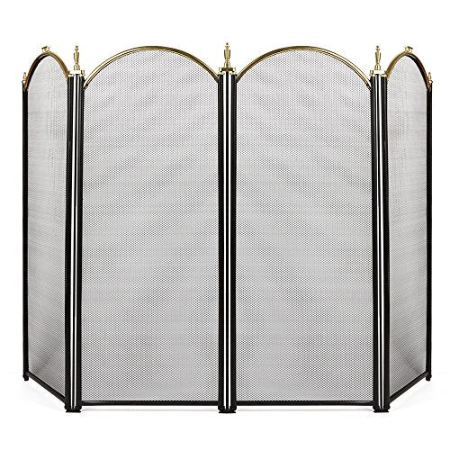 Amagabeli Large Gold Fireplace Screen 4 Panel Ornate Wrought Iron Black Metal Fire Place Standing Gate Decorative Mesh Solid Steel Spark Guard Cover Outdoor Tools Accessories