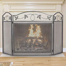 Load image into Gallery viewer, Amagabeli Indoor Fireplace Screen 3 Panel Pewter Wrought Iron Large Screen Outdoor Metal Decorative Mesh Cover Solid Fire Place Fence Leaf Design Steel Spark Guard Fireplace Panels
